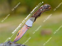 Couteau pliant professionnel forgé à la main, couteau utilitaire EDC, acier damas cuivré, manche en corne de cerf, camping en plein air, chasse, bricolage, OEM