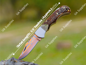 Couteau utilitaire pliant EDC de poche en acier Damas cuivré avec manche en corne de cerf pour le camping, la chasse, la survie, facile à transporter, OEM - Product Image 5