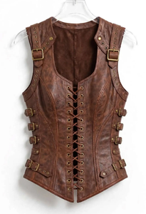 <b>Women</b> Vintage Brown Genuine Leather Corset Vest with Lace-Up Front Adjustable Buckle Straps Steampunk Biker <b>Waistcoat</b> Custom - Product Image 6