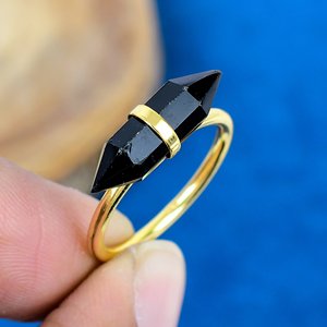 Natural Black Onyx Pencil Shape Gemstone <b>Ring</b> 18k Gold Micron Over 925 Sterling Silver - Product Image 1