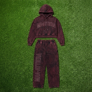 Custom Women Acid Wash <b>Burgundy</b> Cropped Hoodie Wide Leg Jogger Set Cotton Fleece Streetwear Tracksuit OEM Wholesale - Product Image 5