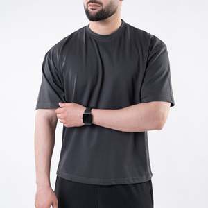 T-shirt décontracté pour homme, gris foncé, à manches courtes, col rond, séchage rapide, coupe ample, tricoté, couleur unie - Product Image 2