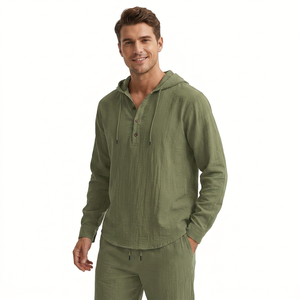 Ensemble de survêtement pour homme, vert olive, à capuche, Henley, manches longues, couleur unie, vêtements de sport décontractés, poches latérales, coton respirant - Product Image 5