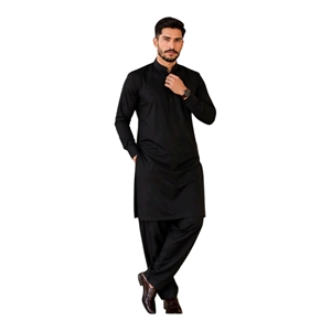 Men's <b>Black</b> Cotton Kurta <b>Pajama</b> <b>Set</b> Regular Fit Ankle-Length Traditional Indian Pakistani Casual Wear All Seasons - Product Image 1