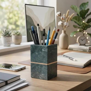 Porte-stylos et porte-crayons en marbre vert naturel avec logo personnalisé et emballage en acier corten, au prix le plus bas - Product Image 5