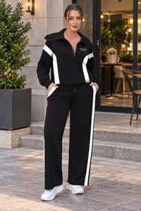 <b>Women's</b> Black <b>White</b> 2 in 1 Fleece Color Block <b>Tracksuit</b> Set Zip up Turn Down Collar Sweatshirt Full Length Pants Loose - Product Image 4
