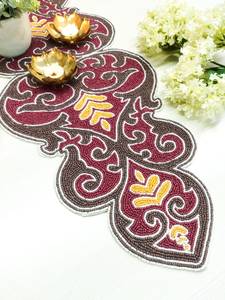 Handmade Luxury Oriental Fabric <b>Table</b> <b>Runner</b> Irregular Shape Red <b>Gold</b> Embroidered Eco-Friendly Decorative Mat for Dining - Product Image 3