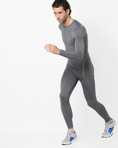 Men's Compression Set Crew Neck Long Sleeve <b>Top</b> Full Length Pants Solid Gray Sweat-Wicking Seamless Yoga Wear - Product Image 1