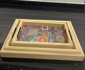 W90 Plateau de service moderne en bois rectangulaire 3 pièces avec fond en pin imprimé UV personnalisé - Product Image 2