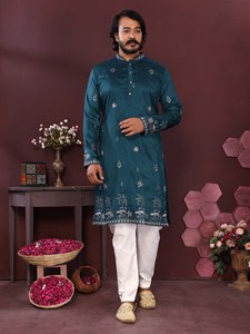 Elegante Conjunto de Kurta y Pijama de Seda con Bordado y Lentejuelas para Festivales, Bodas y Fiestas, Traje Étnico Masculino - Product Image 3