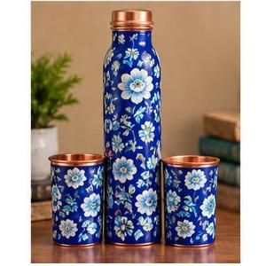 Floral <b>Metal</b> <b>Water</b> <b>Bottle</b> With 2 Cups Copper Lid Portable Travel Drinkware Set - Product Image 3