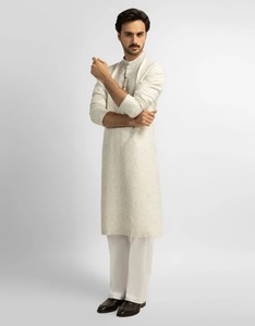Salwar Kameez en coton pour homme, broderie géométrique, col montant, manches longues, longueur midi, style modeste, traditionnel indien, élégant - Product Image 3