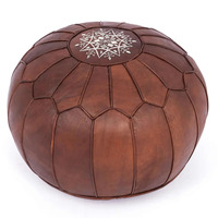 Pouf ottoman en cuir marocain moderne brun foncé, fait main, coussin de sol portable, repose-pieds brodé, décoration d'appartement et de maison