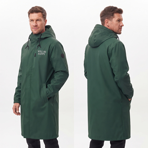 <b>Men</b> Long Hooded <b>Trench</b> <b>Coat</b> Waterproof Outerwear With Pockets Zipper Closure Front Logo Print Windbreaker Hooded <b>Coats</b> - Product Image 1