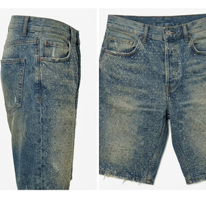 Shorts en jean personnalisés pour hommes 100% coton, coupe ample, avec strass en cristal, ourlet brut, style rétro vieilli, streetwear, hip-hop, été, décontracté - Product Image 6