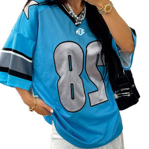 Maillot de football américain personnalisé pour femme, qualité supérieure, bleu clair, en maille, col en V oversize, avec numéro en twill, fournisseur OEM en gros - Product Image 5
