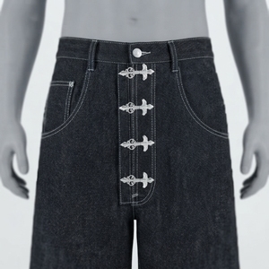 Jean en denim foncé à taille haute et jambe large pour homme, avec fermeture boutonnée, coupe ample, style décontracté automne - Product Image 5