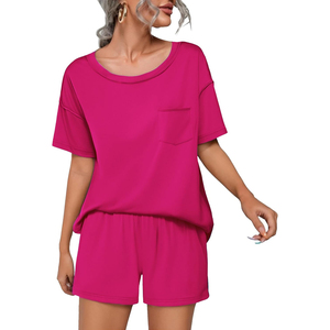 Women's Blue 2-Piece <b>Knitted</b> <b>Set</b> Short Sleeve O-Neck Top With Pocket Loose Fit Shorts Solid Color Breathable Spring Summer - Product Image 4