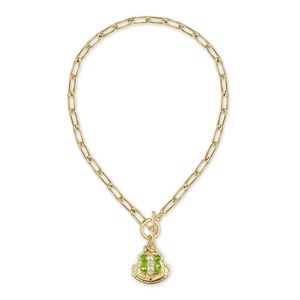 Gold Shield Pendant Toggle <b>Necklace</b> with Green Enamel Detail Link Chain Decorative Crest Charm Women Fashion Jewelry <b>Statement</b> - Product Image 1