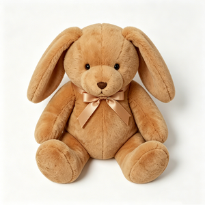 Conejito de Peluche Marrón Suave con Orejas Caídas - Conejo de Peluche Acogedor Color Bronceado con Lazo de Satén Oro Rosa, Juguete Clásico de Peluche de Conejo Neutral - Product Image 2