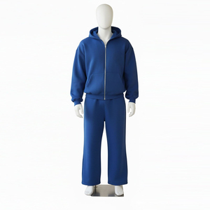 Ensemble de survêtement unisexe en coton bleu à capuche avec fermeture éclair, manches longues, couleur unie, sweat-shirt et pantalon décontractés pour adultes, vêtements d'automne - Product Image 1