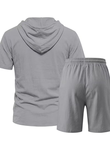 Men Solid Color Breathable Knitted Hooded Short Sleeve Shirt Set Button-Up Top Elastic Waist Shorts Casual Summer Outfit - Product Image 6