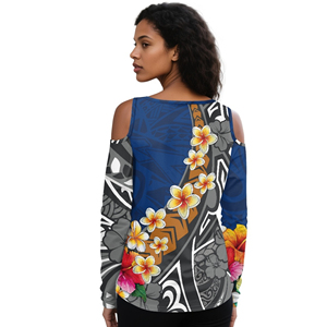 T-shirt femme personnalisé avec logo bleu et motif floral polynésien, épaules dénudées, imprimé par sublimation, grandes tailles - Product Image 3