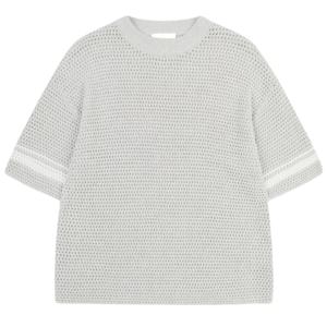 T-shirt en tricot crocheté à rayures contrastées, blanc, manches courtes, tricot texturé, décontracté d'été, respirant, col rond - Product Image 1