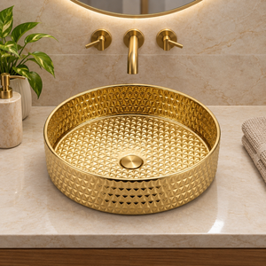 Luxury Geometric Textured Brass <b>Sink</b> Round Gold Countertop Wash Basin Diamond Pattern <b>Bathroom</b> Vessel <b>Bowl</b> Hotel Villa Decor - Product Image 3