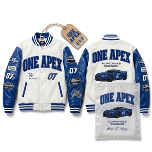 เสื้อแจ็คเก็ตแข่งรถสีน้ำเงินขาวพรีเมียม เสื้อแจ็คเก็ต Letterman แบบกำหนดเองสำหรับมอเตอร์สปอร์ต แขนหนัง สตรีทแวร์ บอมเบอร์ - Product Image 1