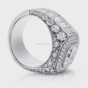 Anillo de compromiso con halo de moissanita y diamantes talla Asscher, baguette y redondos, estilo hip hop, de plata de ley 925, joyería para rapero. - Product Image 3