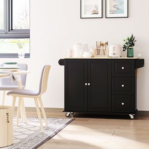 Isola Cucina Mobile Nera con Carrello Portaoggetti, Ruote, Piano Ribaltabile, 3 Cassetti, Armadietto a 2 Ante, Portasciugamani/Portaspezie - Product Image 2