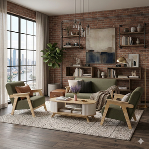 Ensemble de canapés de salon en bois de style mid-century modern avec revêtement vert et table basse ovale incluse - Product Image 6