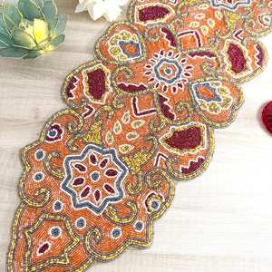 Camino de mesa hecho a mano, con cuentas, amarillo, granate, naranja, dorado, 13x36 pulgadas - Product Image 5