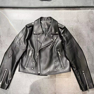 Veste Moto en Cuir Véritable Noir pour Femme, Manches Longues, Fermeture Éclair, Col Montant, Style Décontracté Hiver - Product Image 3