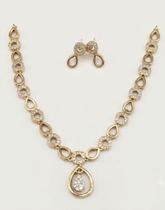 AD Alternating Circle Teardrop Chain Antique <b>Gold</b> Plated Necklace <b>Set</b> Pave Frame Waterdrop Pendant & Matching Earrings Wholesale - Product Image 1