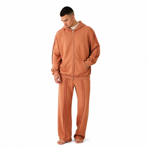 Men's Orange Hooded Tracksuit Full Length Loose Fit Solid Color Sweat Set With Side Pockets Breathable Casual Wear Autumn Style - Product Image 1