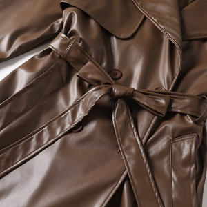 Manteau long en cuir d'agneau véritable marron avec ceinture, col rabattu, manches longues, imperméable, fermeture à un bouton - Automne Femme - Product Image 5