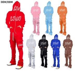 Ensembles deux pièces personnalisés OEM pour hommes : Sweat à capuche zippé intégral et pantalon cargo empilé – Tenue de sport streetwear pour homme - Product Image 1