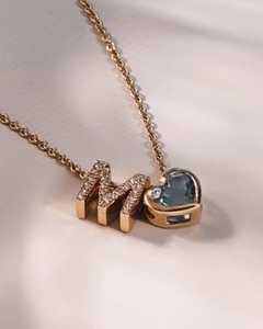 Toi Et Moi <b>Initial</b> Pendant <b>Necklaces</b> 14K Solid Gold Heart Cut Aquamarine Lab Diamond Bezel Set Solitaire Custom Alphabet Jewelry - Product Image 2