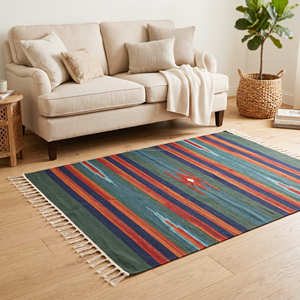 Tapis Kilim en coton durable à blocs de couleur pour salon, style moderne du milieu du siècle, scandinave et intérieurs de studio - Product Image 1
