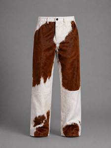 Pantalon en cuir de vachette à poils pour homme, taille haute, coupe droite, décontracté, hiver, avec empiècements, fermeture boutonnée - Product Image 4