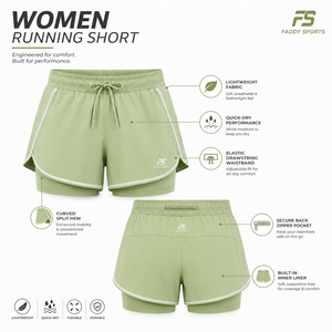 Shorts de course superposés 2-en-1 vert et blanc pour femme avec doublure intégrée, cordon de serrage, séchage rapide, vêtements de sport personnalisés, vente en gros - Product Image 4