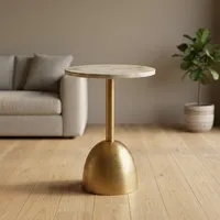 Table d'appoint moderne ronde en marbre blanc avec base en métal doré brossé, meuble d'appoint contemporain pour salon