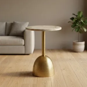 Modern <b>Round</b> White Marble Top Side <b>Table</b> with Brushed <b>Gold</b> Metal Pedestal Base Contemporary Accent Furniture for Living Room - Product Image 1