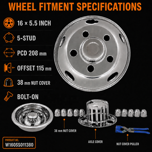 Ensemble de couvre-roues en acier inoxydable japonais 16 X 5.5 T304 pour Mitsubishi-Fuso Canter 413 2013~ (avec cache-écrou de 38 mm) - Product Image 4
