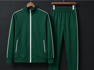 Unisex Green <b>Tracksuit</b> Set Full Sleeve Zipper Stand Collar Solid Color Breathable Polyester Autumn Casual Wear With Side Pockets - Product Image 2