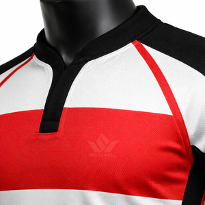 Maillot de rugby pour homme, rouge, blanc et noir, à blocs de couleur, manches courtes, col montant, kit de performance athlétique anti-humidité - Product Image 5