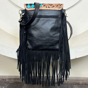 Premium Women Hand Tooled Leather Checkerboard Design Crossbody Handbag Cowhide Leather Hair <b>On</b> Fringe Luxury Shoulder Handbags - Product Image 5