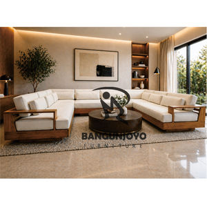 Modern Teak Wood Sectional <b>Sofa</b> Upholstered Lounge Couch Corner <b>Sofa</b> Set for Living Room Hotel Villa - Product Image 4